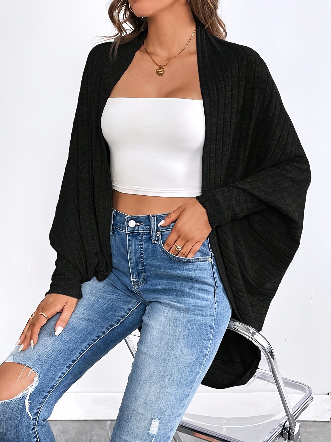 Antmvs Solid Open Front Knit Cardigan, Elegant Batwing Sleeve Oversized Sweater, Women's Clothing