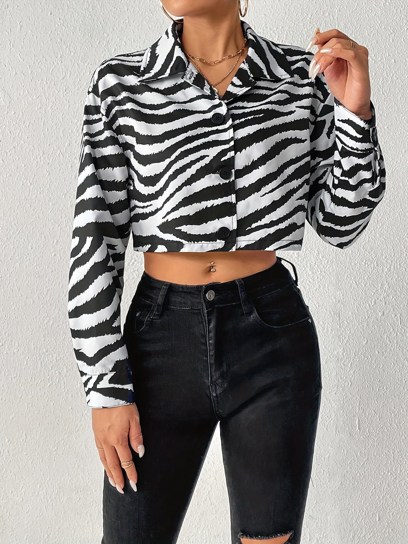 Antmvs Zebra Print Cropped Jacket, Casual Button Front Long Sleeve Outerwear, Women's Clothing
