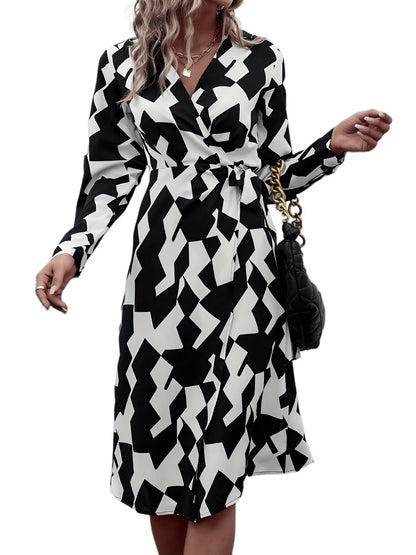 Antmvs Geo Print Wrap V Neck Dress, Elegant Long Sleeve Dress For Spring & Fall, Women's Clothing