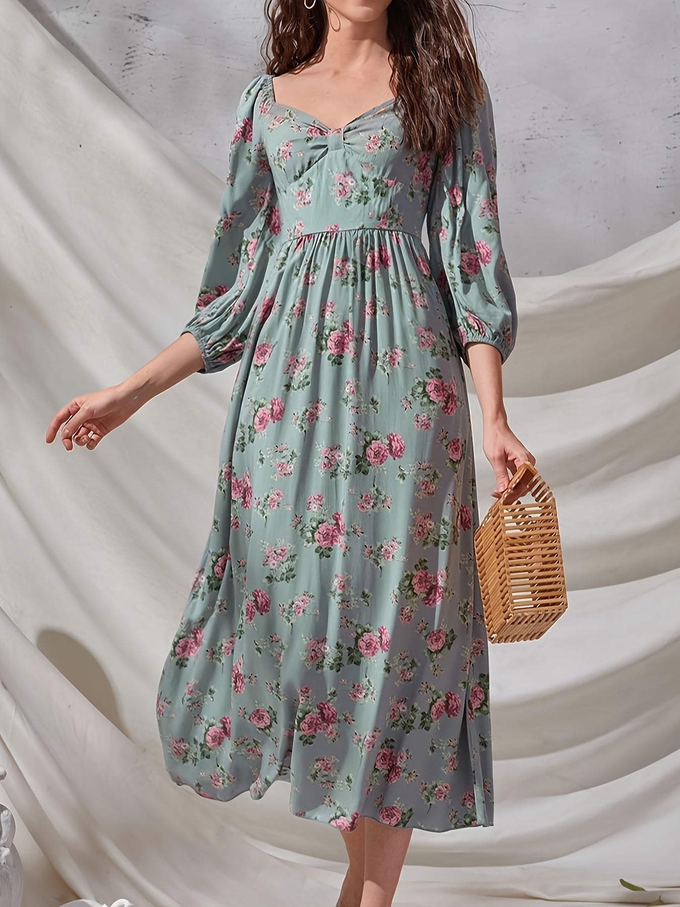 Antmvs Floral Print Squared Neck 3/4 Sleeve Dress, Elegant High Waist Ruffled Hem Maxi Dress, Women's Clothing