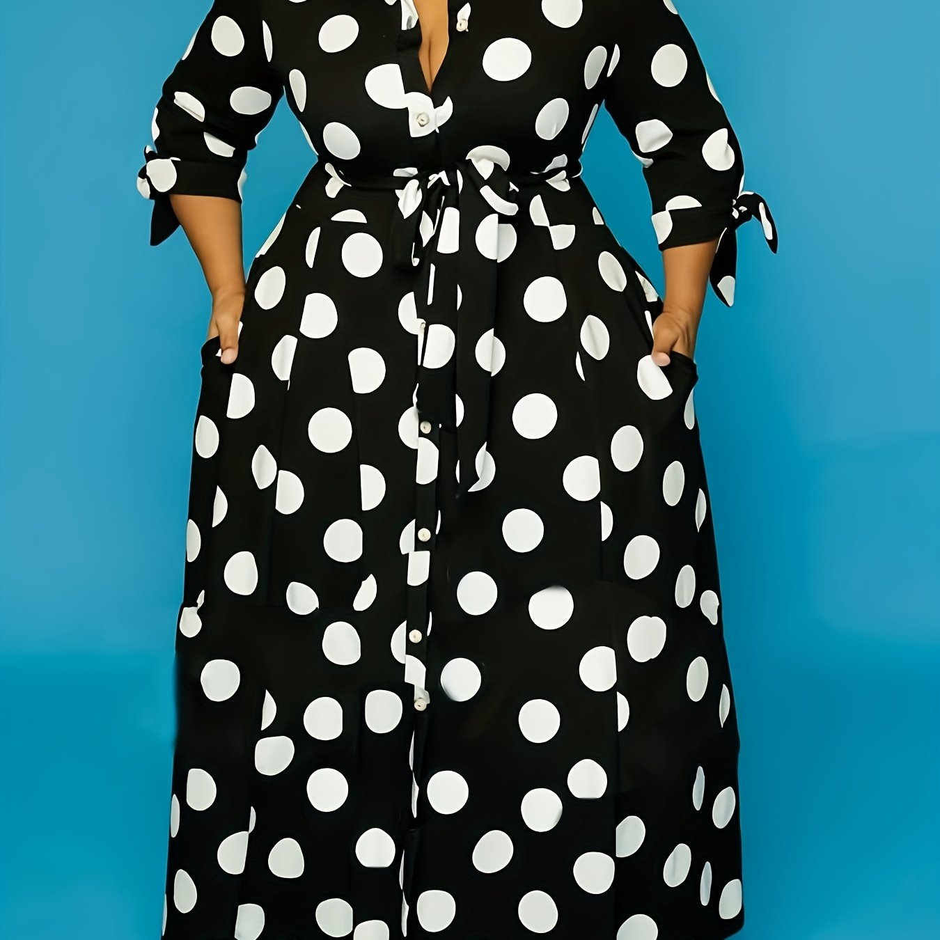Antmvs Plus Size Elegant Dress, Women's Plus Polka Dots Print Button Up Collared Belted Maxi Dress