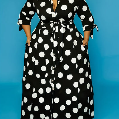 Antmvs Plus Size Elegant Dress, Women's Plus Polka Dots Print Button Up Collared Belted Maxi Dress