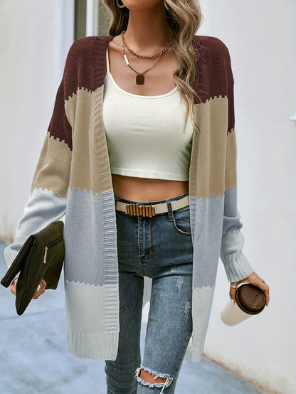 Antmvs V-neck Loose Striped Color Block Cardigans, Casual Drop Shoulder Long Sleeve Fall Winter Knit Cardigan, Women's Clothing