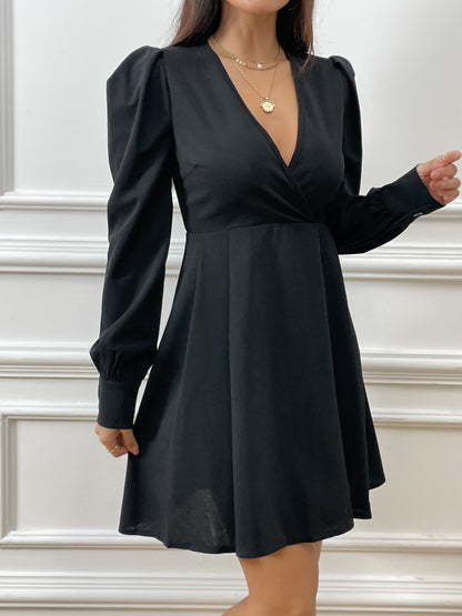 Antmvs Deep V Neck Black Dress, Elegant Long Puff Sleeve Dress, Women's Clothing