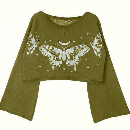 Antmvs Butterfly Pattern Crew Neck Knitted Top, Vintage Bell Sleeve Crop Sweater, Women's Clothing