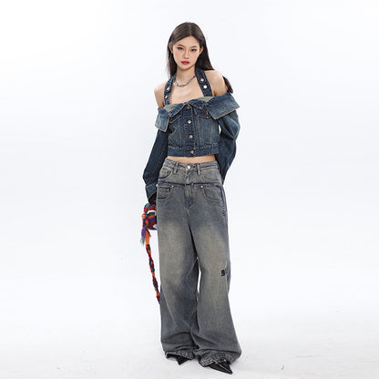 Antmvs Seanna Denim Blue Spice Neck Off-the-Shoulder Halter Loose Cropped Jacket Top