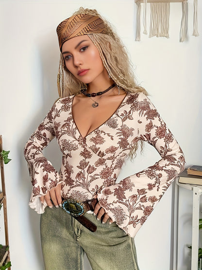 Antmvs Floral Print V Neck T-shirt, Casual Flare Sleeve Lettuce Trim Top, Women's Clothing