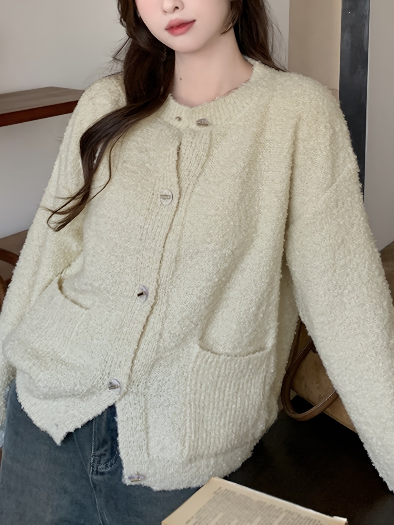 Antmvs Solid Button Up Knit Cardigan, Casual Long Sleeve Fuzzy Pocket Sweater, Women's Clothing