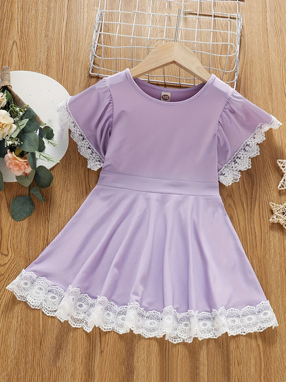 Toddler Girls Butterfly Sleeve Contrast Lace Trim Princess Dress For Party Beach Vacation Kids Summer Clothes