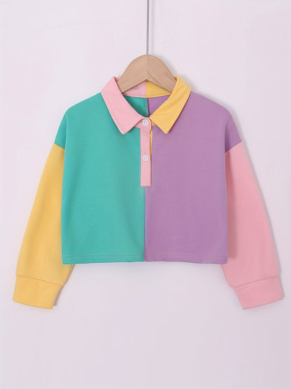 Antmvs Splicing Lapel Long Sleeve Top, Comfy 95% Cotton Pullover For Girls School Uniform