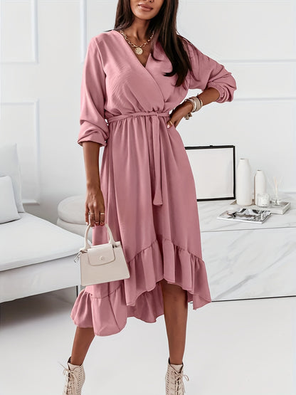 Antmvs Ruffle Hem Surplice Neck Dress, Elegant Solid Long Sleeve Midi Dress, Women's Clothing