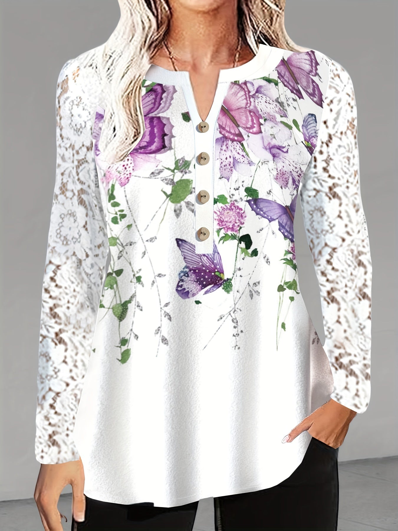 Plus Size Floral Delight Blouse - Lace Trimmed V Neck, Flowy Long Sleeves - Perfect Spring Fashion for Women