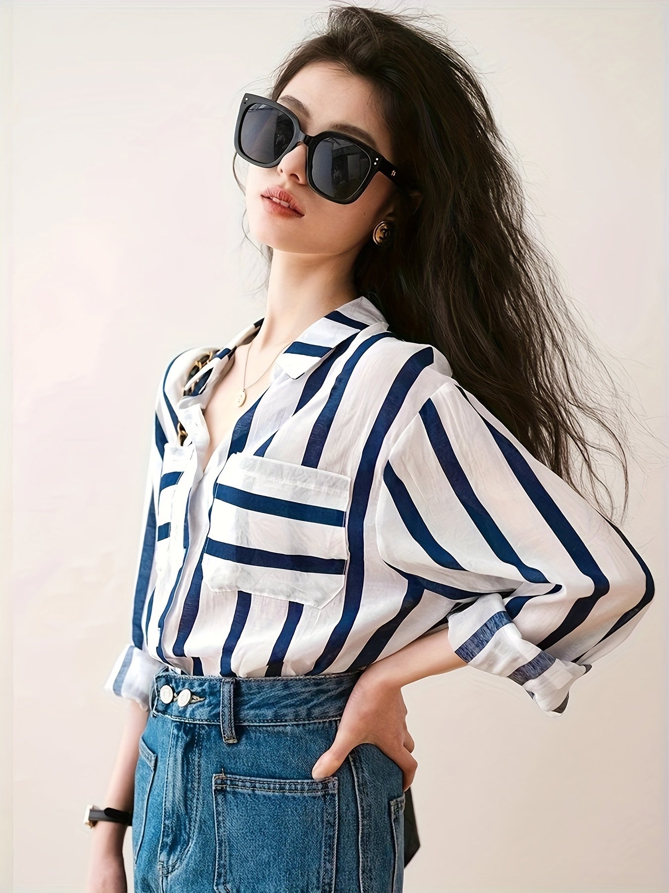 Antmvs Striped Button Front Shirt, Elegant Long Sleeve Lapel Shirt, Women's Clothing