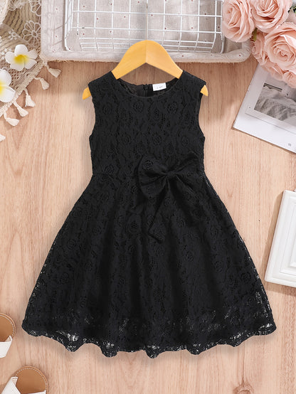 3-10 Years Old Girls Lovely Sleeveless Fit and Flare Lace Party Dress with Bowknot Front - Knee High, Non-Stretch, Solid Color, Casual Style for Summer