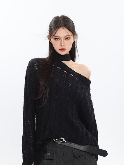 Antmvs Christine Solid Color Knitted Distressed Turtleneck Cutout Long Sleeve Sweater Top