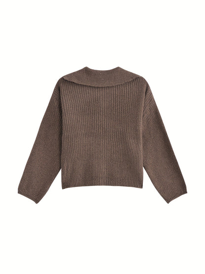 Antmvs Solid Turndown Collar Knit Cardigan, Vintage Button Front Long Sleeve Crop Sweater, Women's Clothing