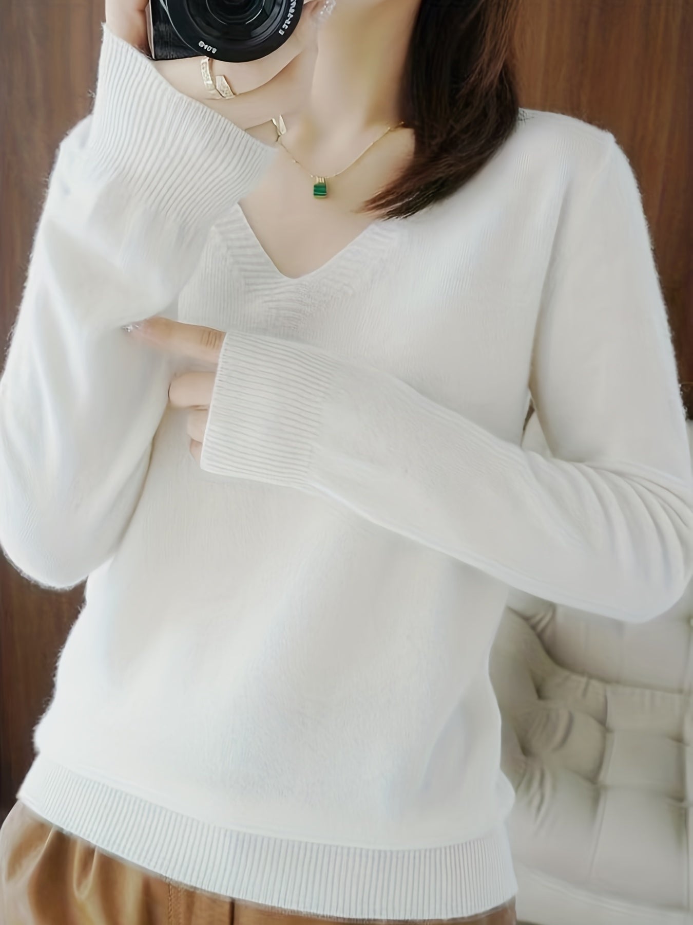 Antmvs Long Sleeve Knitted Top, V Neck Elegant Casual Top, Women's Clothing