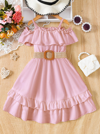 Charming Girls Solid Ruffle Trim Dress - Fashionable Belted Waist for Summer Parties & Holidays - Premium Quality, Comfortable, Ideal Gift