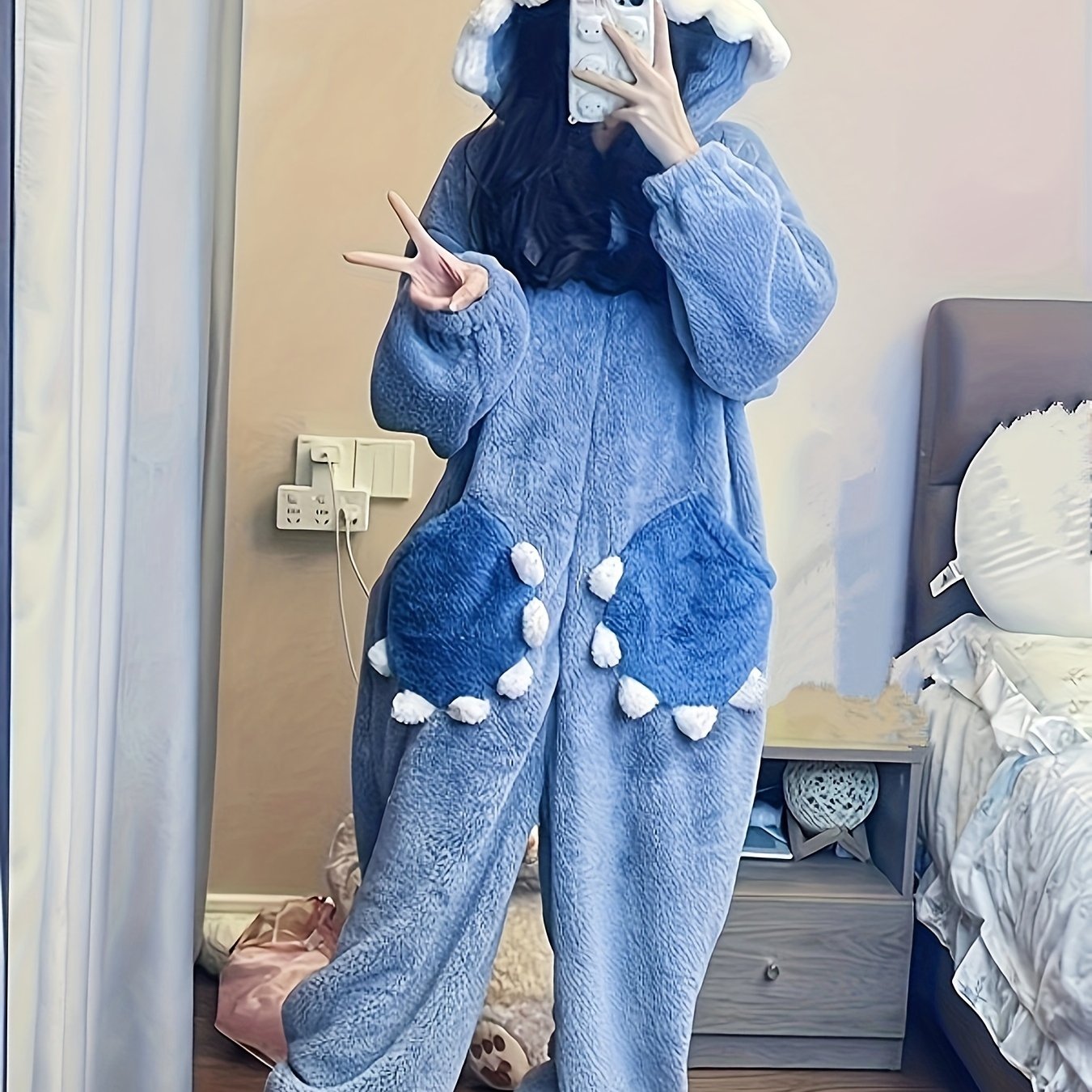 Antmvs Cartoon Shark Hooded Jumpsuit, Long Sleeve Zipper Fuzzy Pajamas, Women's Sleepwear & Loungewear