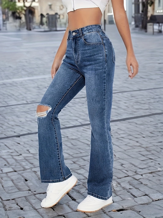 Antmvs Blue Ripped Holes Straight Jeans, High Stretch Distressed Casual Denim Pants, Women's Denim Jeans & Clothing