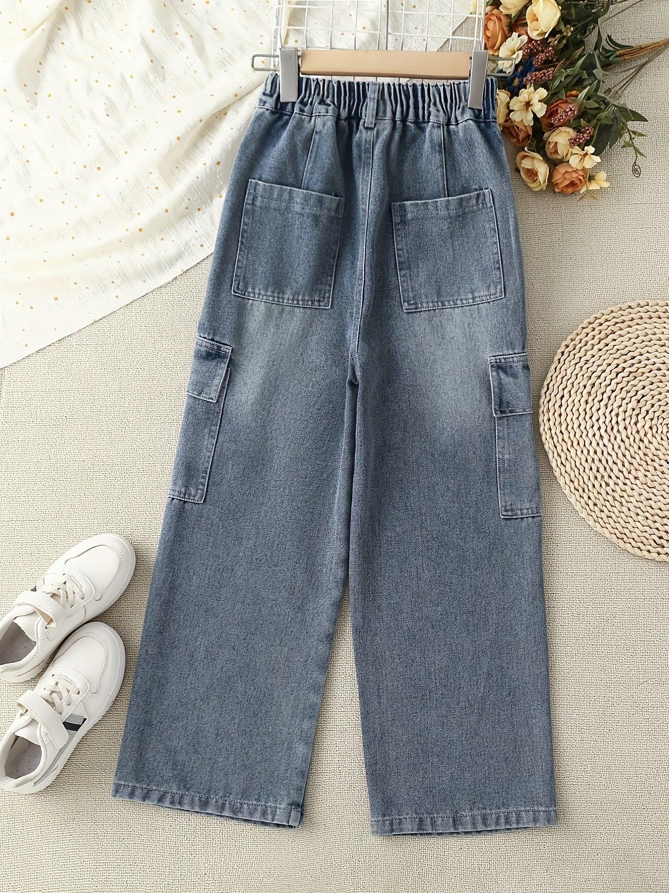 Antmvs Girls' Casual Baggy Fit Cargo Jeans Multi-pocket Versatile Wide Leg Denim Pants