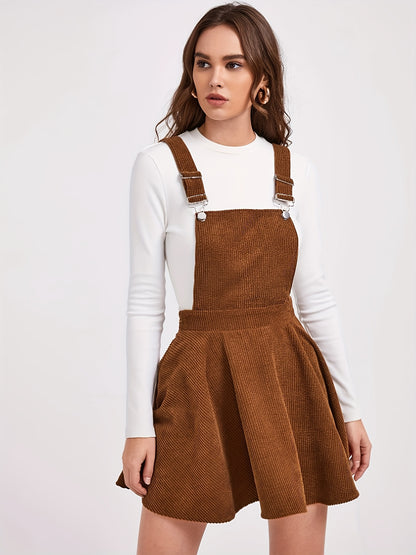 Antmvs Solid Adjustable Straps Dress, Elegant Sleeveless A Line Corduroy Pinafore Overall Dress, Women's Clothing