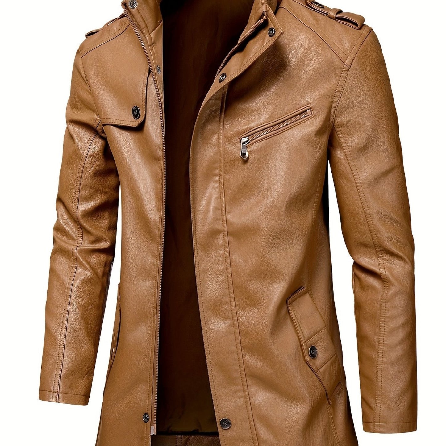 Stylish Men's PU Leather Jacket - Casual Street Style Stand Collar Overcoat with Zipper Pockets, Adjustable Cuffs, and Soft Lining for Comfortable Wear