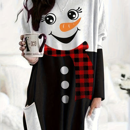 Antmvs Plus Size Christmas Cute Dress, Women's Plus Snowman Print Long Sleeve Round Neck Tee Dress With Pockets