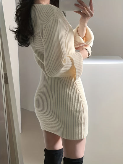 Antmvs Solid Boat Neck Sweater Dress, Elegant Long Sleeve Bodycon Knitted Dress, Women's Clothing