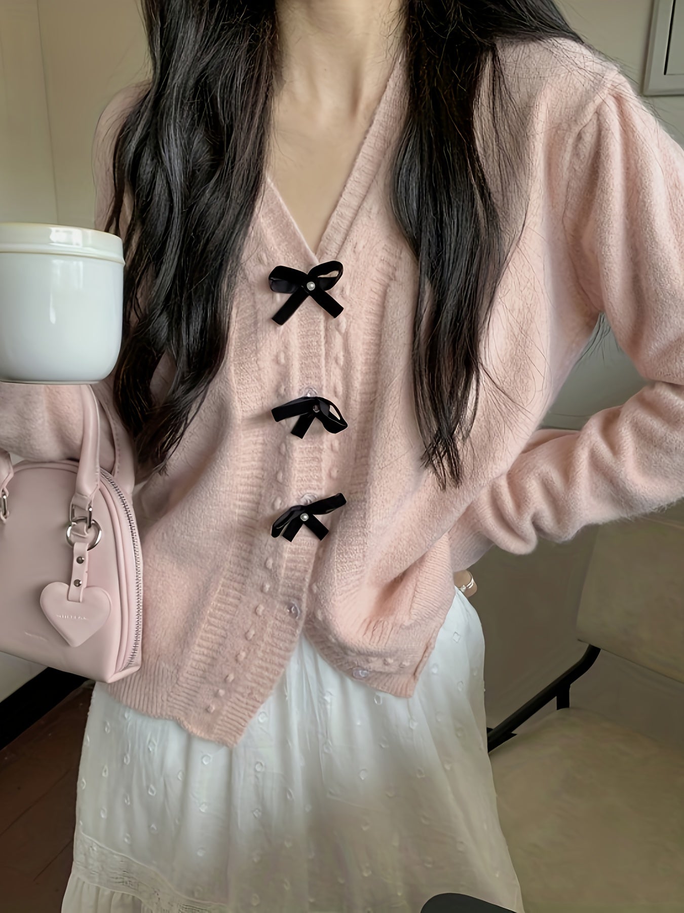 Antmvs Bow Button Front Knit Cardigan, Casual Long Sleeve Sweet Sweater For Fall & Winter, Women's Clothing