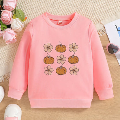 Vibrant Floral and Pumpkin Graphic Toddler Crew Neck Sweatshirt - Soft, Casual, and Comfy Holiday Party Top for Little Girls - Perfect Gift for Kids' Special Occasions