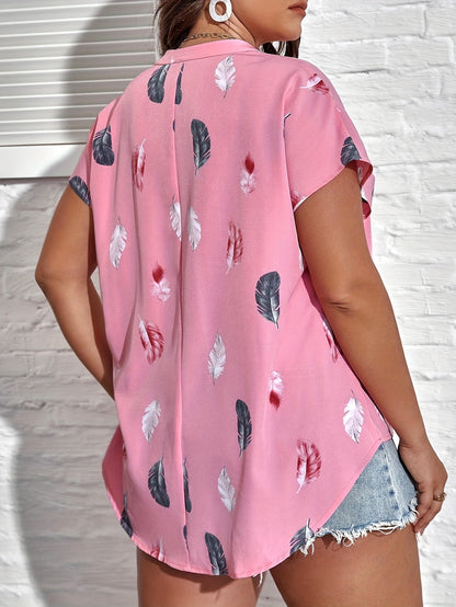 Plus Size Feather Print Blouse - Stylish Notch Neck, Ultra-Casual Short Sleeve Design for Everyday Comfort - Perfect for Spring and Summer Seasons, Exclusively for Womens Plus Size Needs