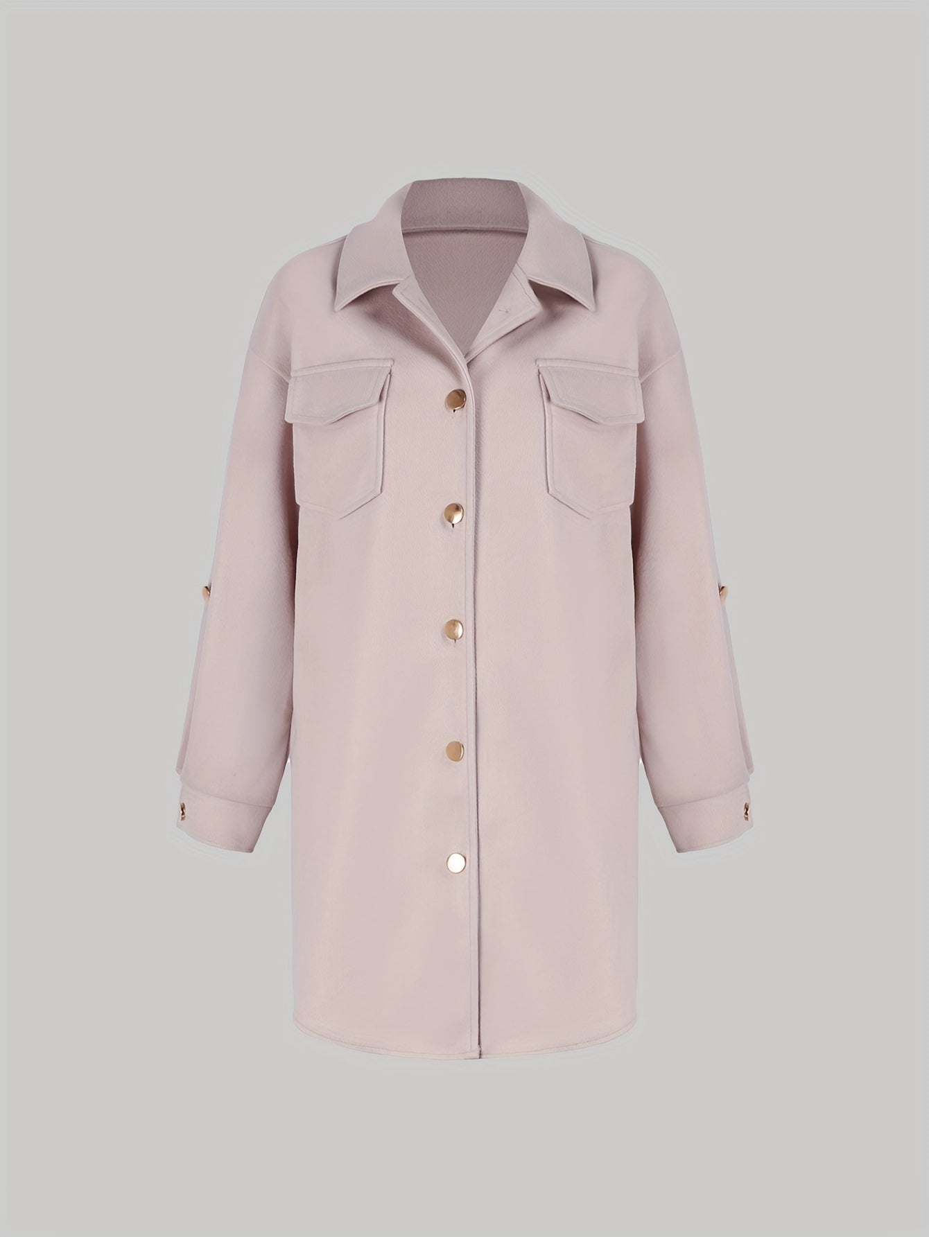 Antmvs Plus Size Casual Coat, Women's Plus Solid Roll Up Long Sleeve Button Up Lapel Collar Tunic Coat With Pockets