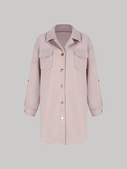 Antmvs Plus Size Casual Coat, Women's Plus Solid Roll Up Long Sleeve Button Up Lapel Collar Tunic Coat With Pockets