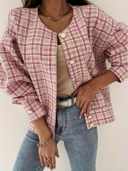 Antmvs Plaid Print Simple Jacket, Casual Button Front Long Sleeve Outerwear, Women's Clothing