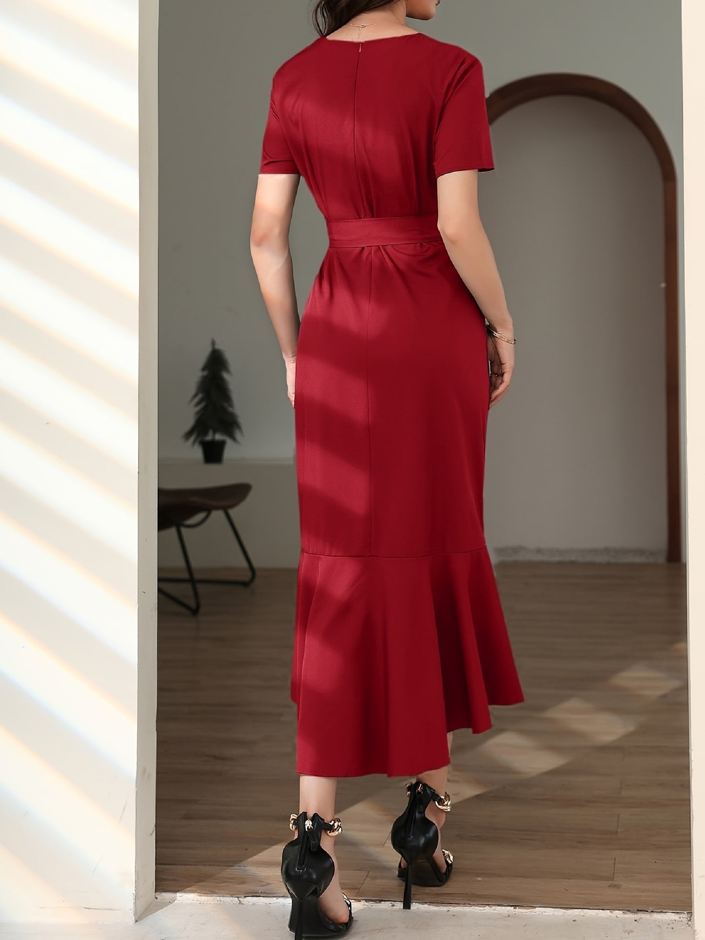 Antmvs Solid Ruffle Trim Dress, Elegant Surplice Neck Short Sleeve Maxi Dress, Women's Clothing