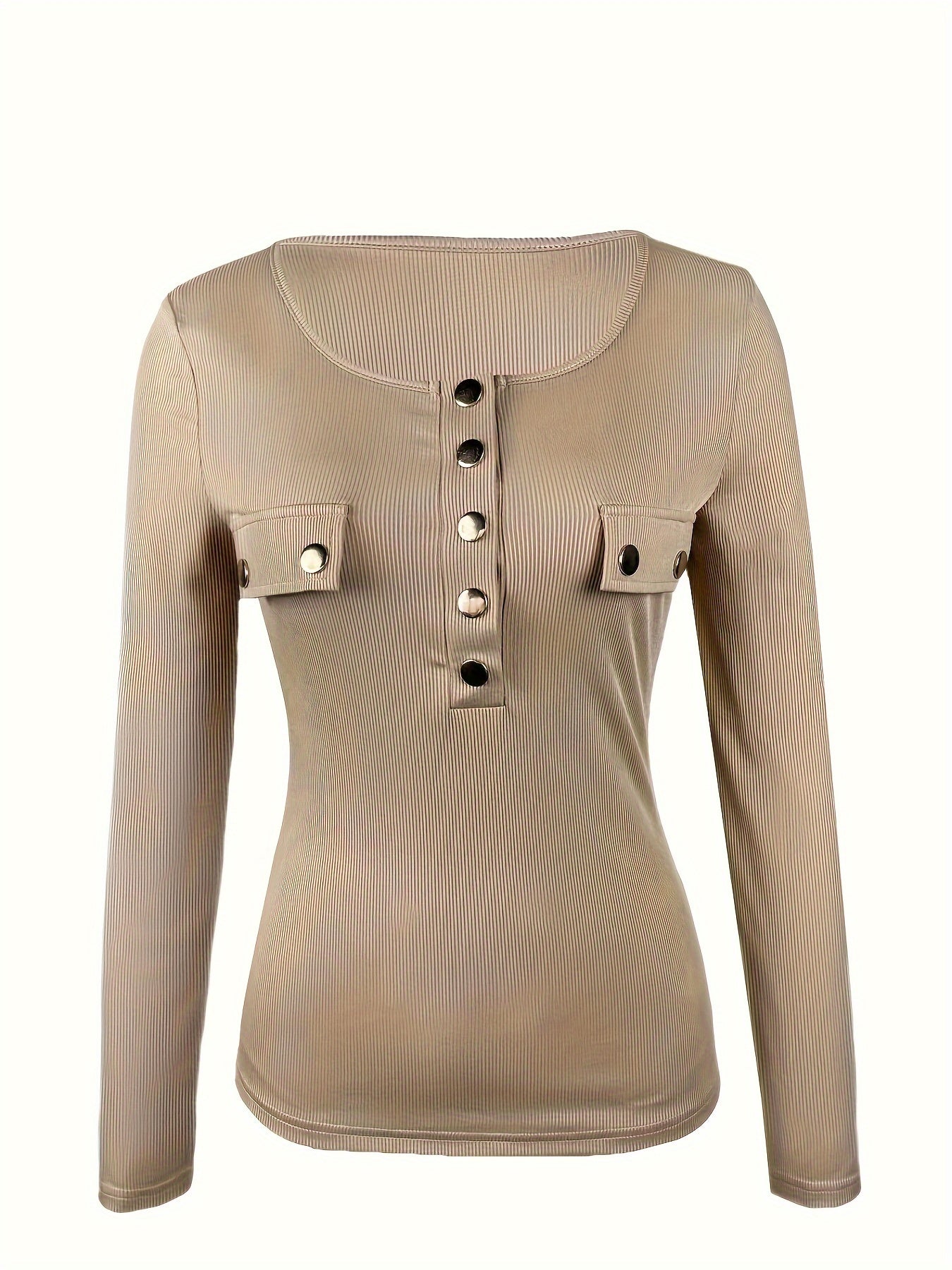 Antmvs Ribbed Buckle Front T-Shirt, Casual Long Sleeve Top For Spring & Fall, Women's Clothing