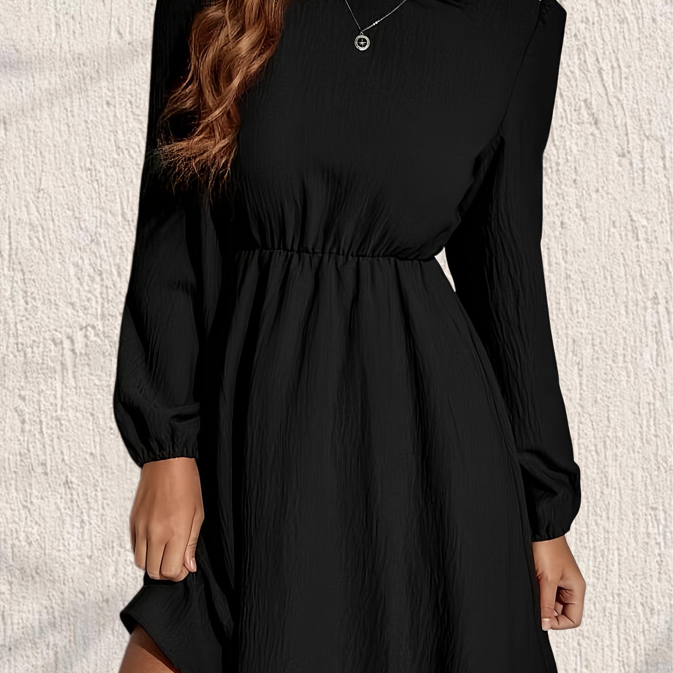 Antmvs Cinched Waist Solid Dress, Elegant Crew Neck Lantern Sleeve Dress, Women's Clothing