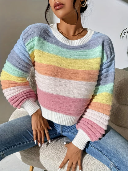 Antmvs Striped Pattern Crew Neck Sweater, Casual Long Lantern Sleeve Sweater For Spring & Fall, Women's Clothing