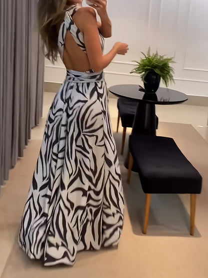 Antmvs Abstract Print One Shoulder Dress, Elegant Backless Sleeveless Maxi Dress, Women's Clothing