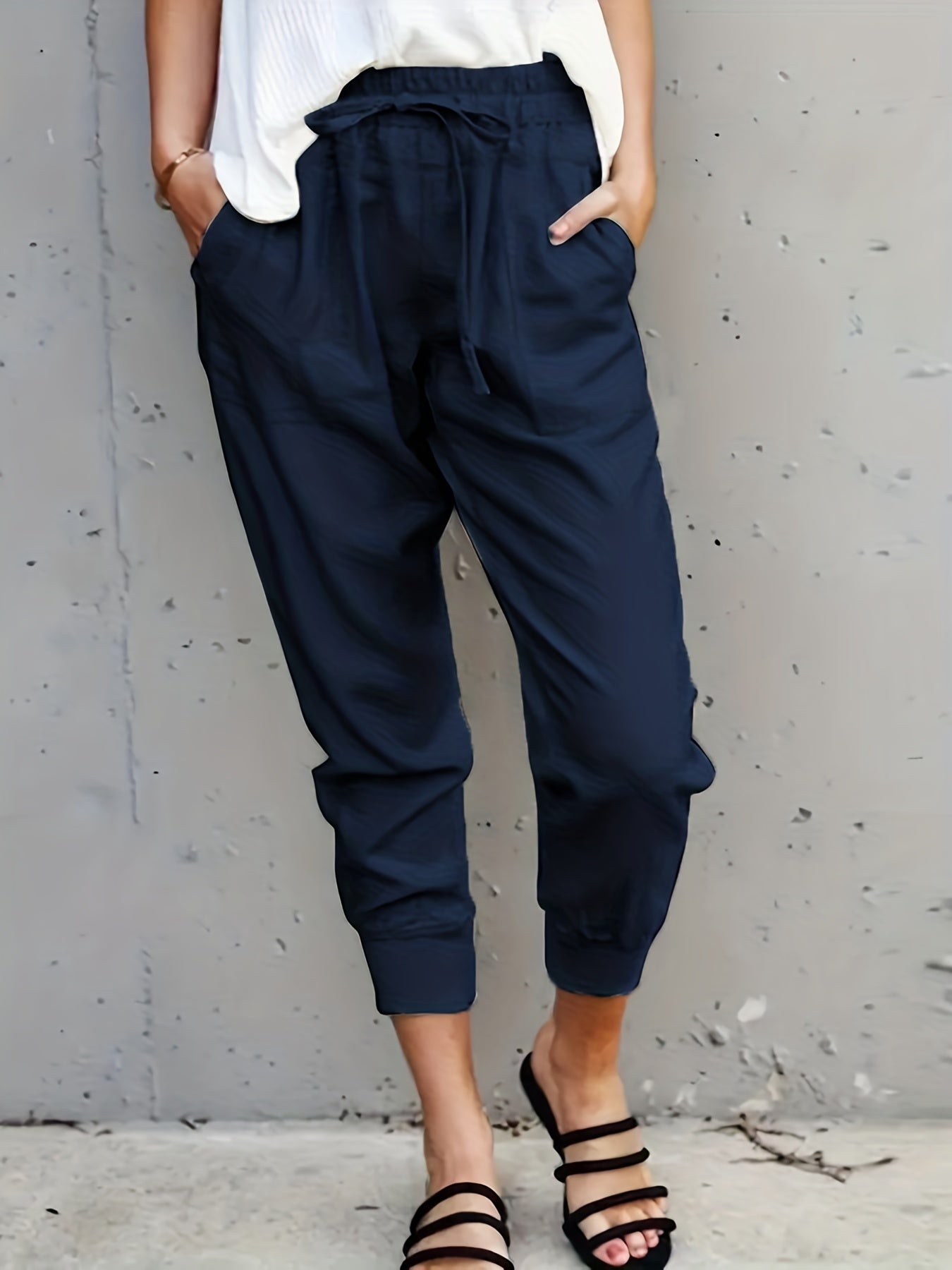 Antmvs Minimalist Drawstring Waist Pants, Solid Casual Pants For Spring & Summer, Women's Clothing