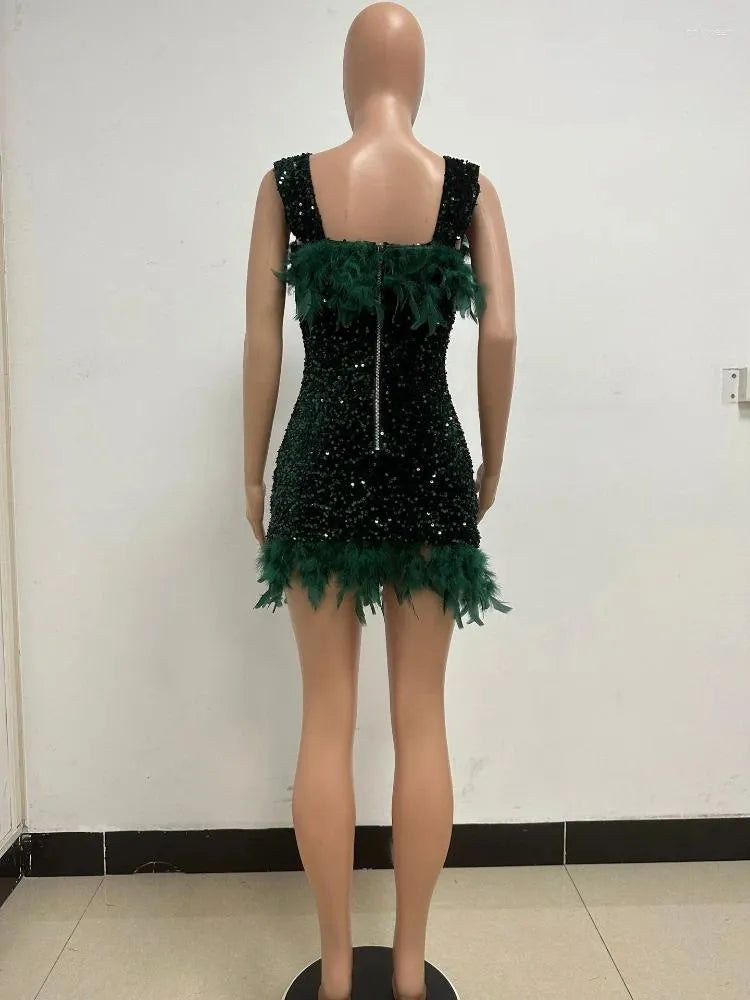 Casual Dresses Party Dress Women Shiny Sequins Feather Bodycon Bare Shoulder Sleeveless Mini Short Event Evening