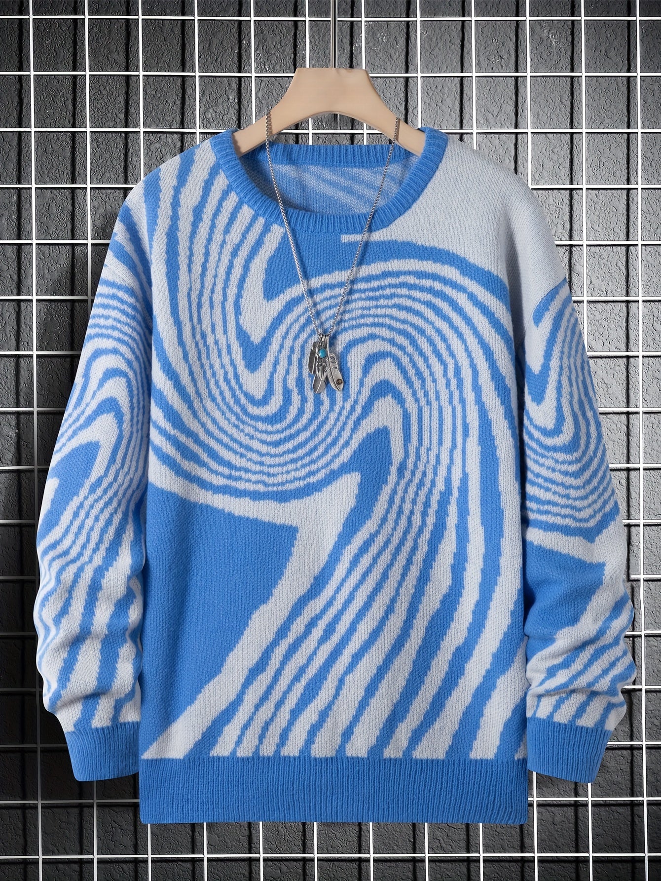 Antmvs Men's Fashion Abstract Graphic Knitted Sweater, Casual Slightly Stretch Breathable Long Sleeve Top For Outdoor Fall Winter