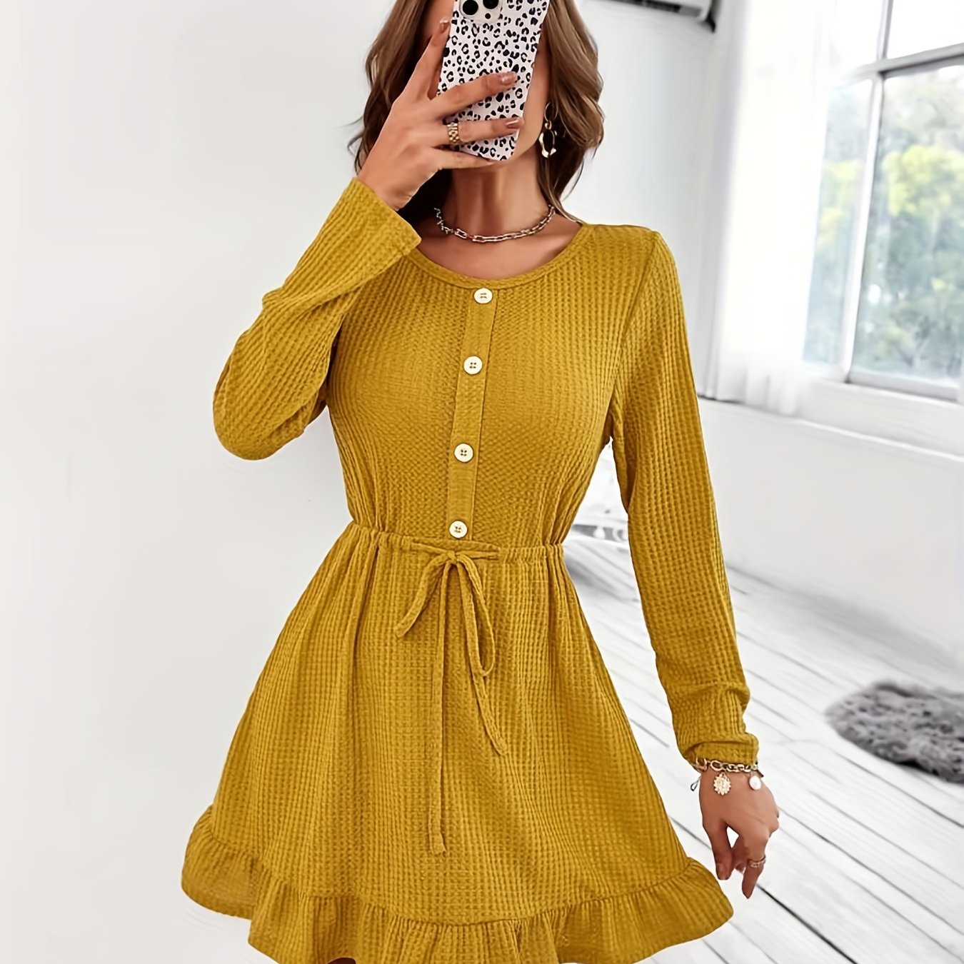 Antmvs Ruffle Hem Button Front Dress, Casual Long Sleeve Crew Neck Drawstring Dress, Women's Clothing