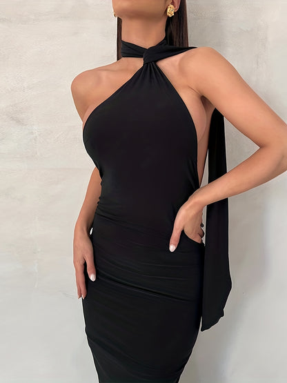 Antmvs Solid Halter Neck Dress, Sexy Backless Bodycon Ruched Sleeveless Dress, Women's Clothing