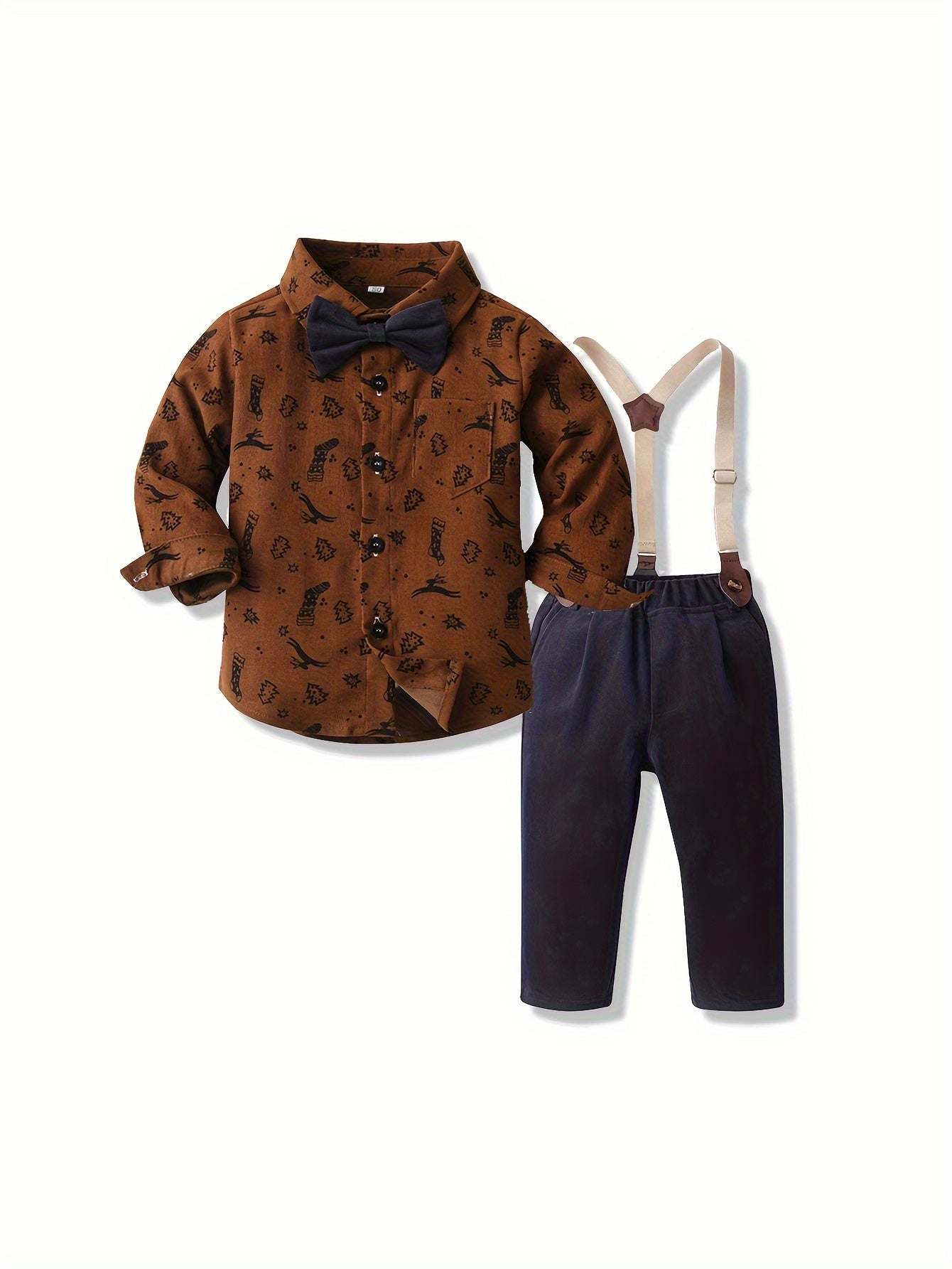 2pcs Boy's Gentleman Outfit, Trendy Bowtie Shirt & Overalls Set for Christmas Style Formal Wear