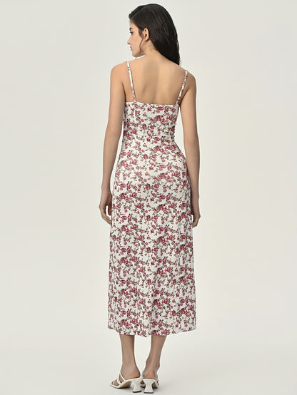 Antmvs Floral Print Spaghetti Dress, Sexy High Split Lace Trim Cami Dress For Spring & Summer, Women's Clothing