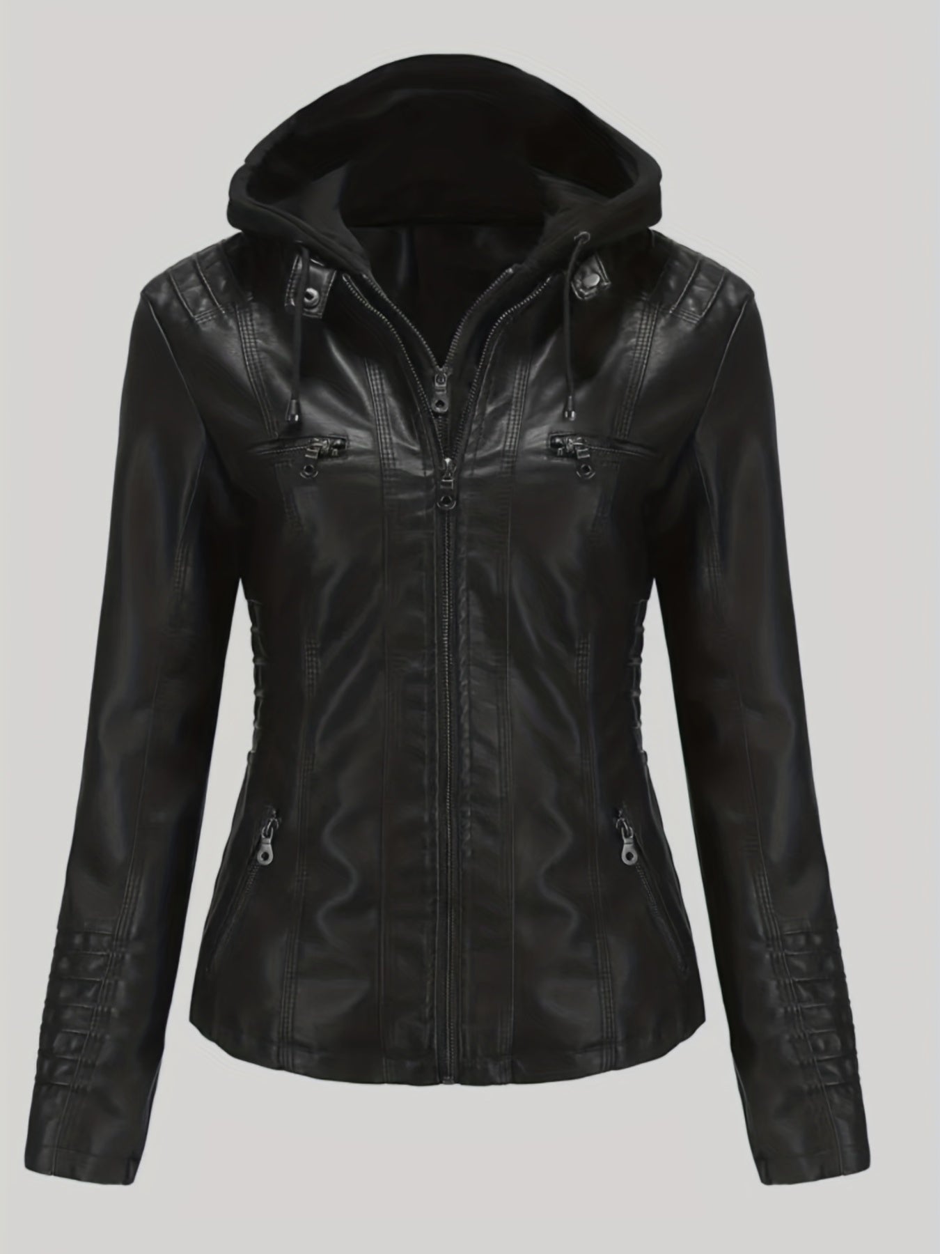 Antmvs Hooded Faux Leather Jacket, Casual Zipper Long Sleeve Outerwear, Women's Clothing