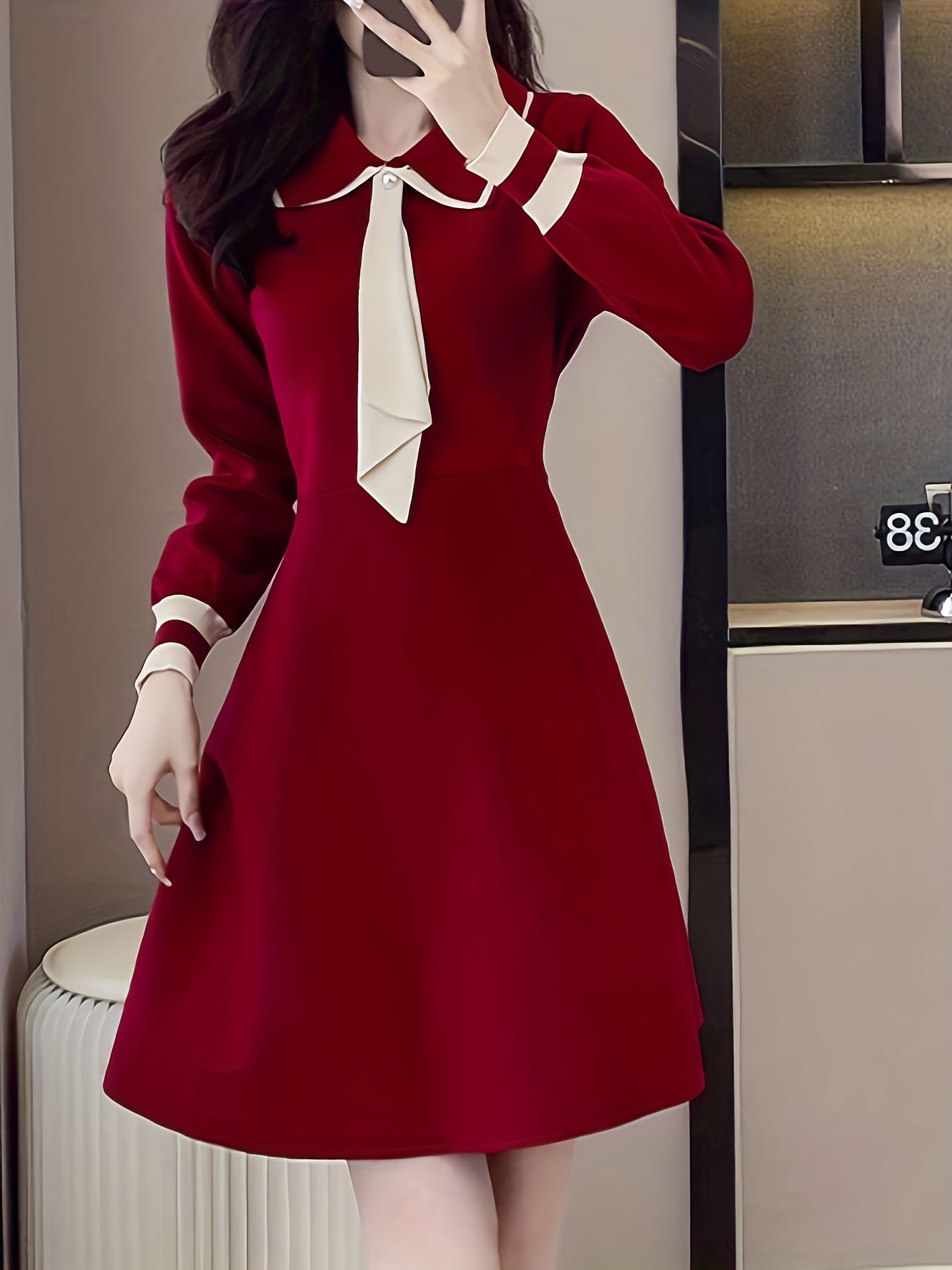 Antmvs Tie Neck A Line Dress, Elegant Long Sleeve Midi Dress, Women's Clothing