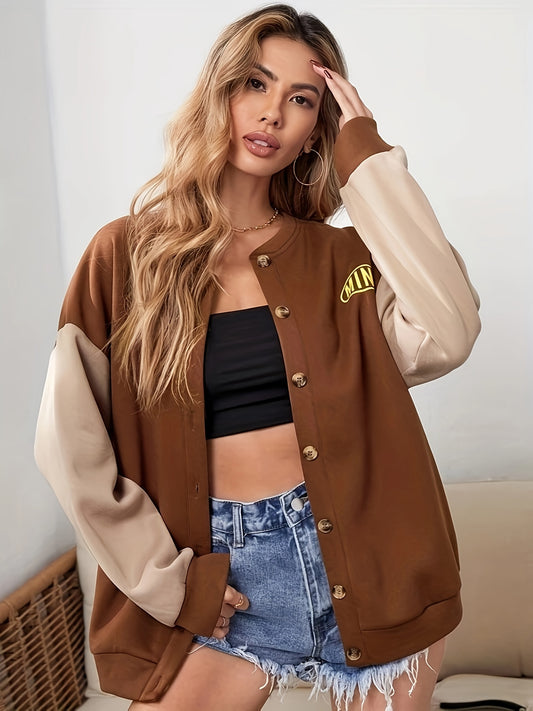 Antmvs Letter Pattern Button Front Jacket, Casual Long Sleeve Color Block Jacket For Fall & Winter, Women's Clothing